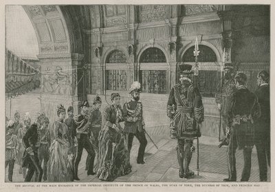 Příjezd k hlavnímu vchodu do Imperiálního institutu prince z Walesu, vévody z Yorku, vévodkyně z Tecku a princezny May od English School