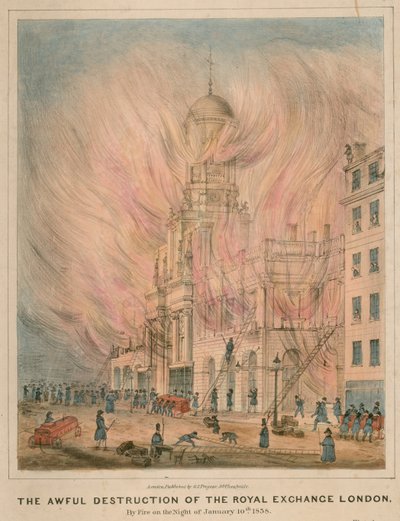 Hrozné zničení Royal Exchange v Londýně požárem v noci 10. ledna 1838 od English School