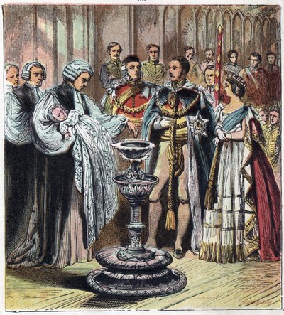 Křest prince z Walesu, který se stal králem Edwardem VII. (1841-1910), za přítomnosti jeho rodičů, královny Viktorie 1. (1819-1901) a prince Alberta Saského Cobourg Gotha (Sasko-Coburg-Gotha od English School