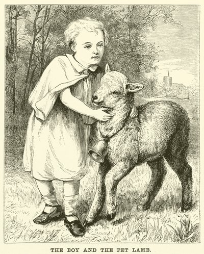 Chlapec a jehněčí mazlíček (rytina) od English School