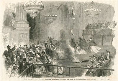 Vypálení divadla Covent Garden v Londýně - útěk Maškarádů od English School