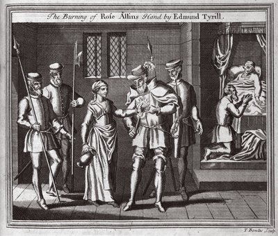 Spálení ruky Rose Allins od Edmunda Tyrilla, ilustrace z Foxes Martyrs c.1703 od English School