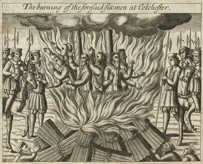 Upálení zmíněných šesti mužů v Colchesteru (rytina) od English School