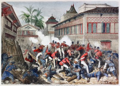 Dobytí Canton: Skirmish u západní brány města (barevná rytina) od English School