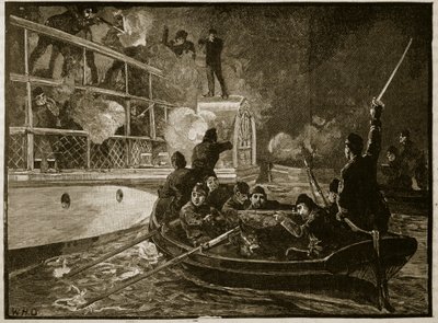 Zajetí lodi Caroline, 1837, ilustrace z Cassells Illustrated History of England (sépiová fotografie) od English School