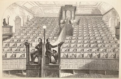 Kaple s odděleným systémem ve věznici Pentonville během bohoslužby, ilustrace z knihy The Criminal Prisons of London and Scenes from Prison Life od Henryho Mayhewa a Johna Binnyho, vyd. 1862 od English School
