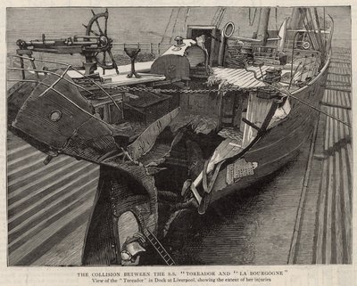 Srážka mezi SS Toreador a La Bourgogne; pohled na Toreador v doku v Liverpoolu od English School