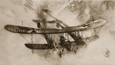 Příchod velkého bojového letounu: německý dvouplošník dvojnásobné velikosti, který nasadili britští letci, z The Illustrated War News od English School