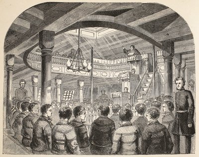 Odsouzenecká kaple na palubě lodi Defence hulk ve Woolwichi, ilustrace z knihy The Criminal Prisons of London and Scenes from Prison Life od Henryho Mayhewa a Johna Binnyho, pub. 1862 od English School