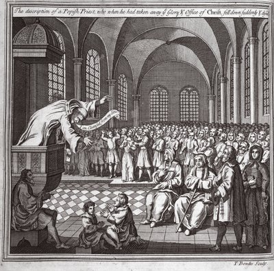 Popis papežského kněze, který když vám vzal slávu a úřad Krista, náhle upadl a zemřel, ilustrace z Foxes Martyrs kolem roku 1703 od English School