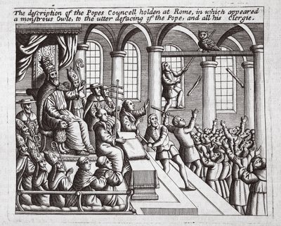 Popis papežského koncilu konaného v Římě, na kterém se objevila monstrózní sova k naprostému znesvěcení papeže a všech jeho duchovenstva, ilustrace ze Skutků a pomníků od Johna Foxe, deváté vydání od English School