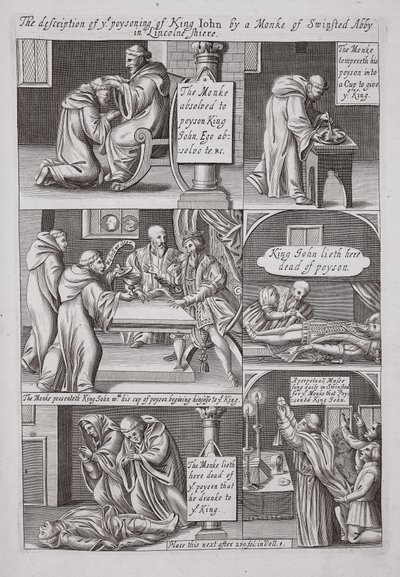 Popis otravy krále Jana mnichem z opatství Swinstead v Lincolnshire, ilustrace z Acts and Monuments od Johna Foxe, deváté vydání, pub. 1684 od English School