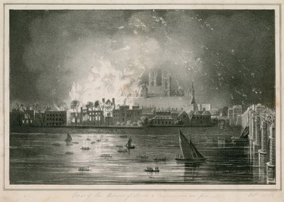 Zničení budovy parlamentu požárem dne 16. října 1834 od English School