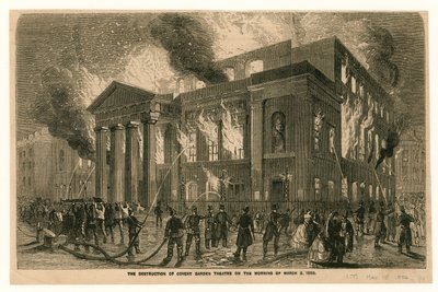 Zničení divadla Covent Garden v Londýně ráno 5. března 1856 od English School