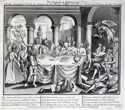 Ďábelská maska, neboli dračí hostina v podání Hell-Fire-Club, v Somerset House in the Strand, kolem roku 1721 od English School