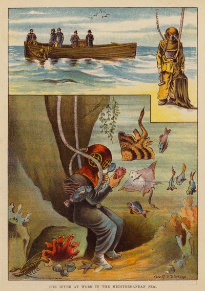Potápěč při práci ve Středozemním moři (barevná litografie) od English School