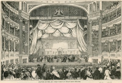 Losování cen Art Union v divadle Drury Lane v roce 1843 od English School