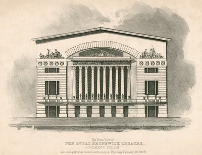 Pohled zepředu na divadlo The Royal Brunswick Theatre, Goodmans Fields, Londýn od English School