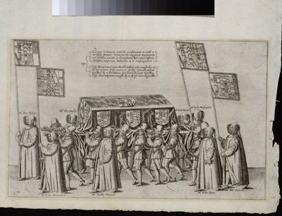Pohřební průvod sira Philipa Sidneyho (1554-1586) na cestě do katedrály St. Pauls, 1587, vyryl Theodor de Bry (1528-1598) od English School