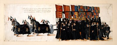 Pohřební průvod královny Alžběty I. do Westminsterského opatství, 28. dubna 1603. Vůz je tažen čtyřmi koňmi. Rakev je pokryta fialovým sametem, na kterém leží podobizna královny. Baldachýn rodí šest rytířů s pány důchodci od English School
