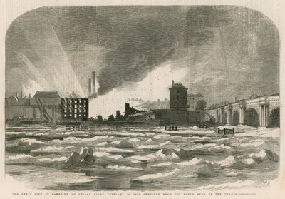 Velký požár na Bankside v pátek večer, 14. února 1855, načrtnutý ze severního břehu Temže od English School