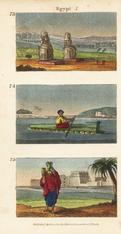 Velké ruiny Memnonových kolosů v Luxoru v jižním Egyptě 73, vor hliněných džbánů na Nilu 74 a ženy nesoucí na hlavách džbány s vodou 74 od English School