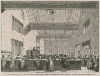 Velká telegrafní místnost v nových kancelářích Electric and International Telegraph Company od English School