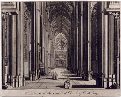 Vnitřek katedrálního kostela v Canterbury“, s výhledem na hlavní loď, ze západního konce, cca 1700-43 od English School