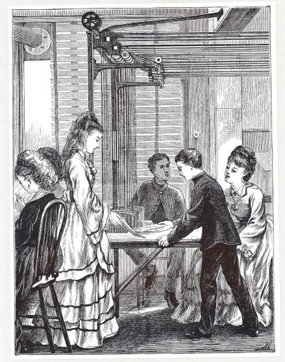 Nástroje pro přenos zpráv na Post Office Telegraph Headquarters, Telegraph Street, Londýn, z The Graphic, 1871 od English School
