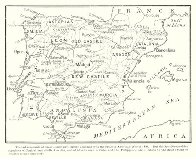 Poslední zbytky kdysi rozsáhlého španělského impéria zanikly se španělsko-americkou válkou v roce 1898 (litografie) od English School