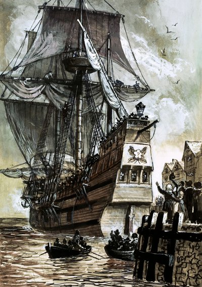 Poslední pohled na Pilgrim Fathers byl Southamptonský dok (kvaš na papíře) od English School