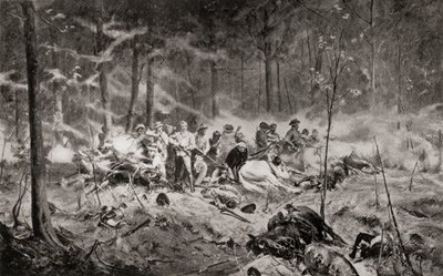 Poslední stání majora Allana Wilsona na řece Shangani, Matabeleland, během první války v Matabele v roce 1893, po malbě Allana Stewarta, z „Jižní Afrika a válka o Transvaal: sv. 1
