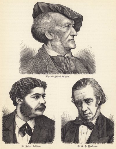 Zesnulý Richard Wagner, Sir Arthur Sullivan, Sir G A Macfarren (rytina) od English School