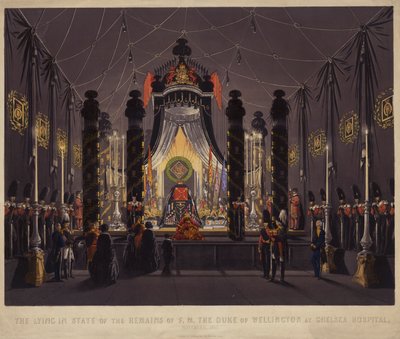 Ležící ve stavu ostatků F M vévody z Wellingtonu v nemocnici Chelsea, listopad 1852 (barevná rytina) od English School