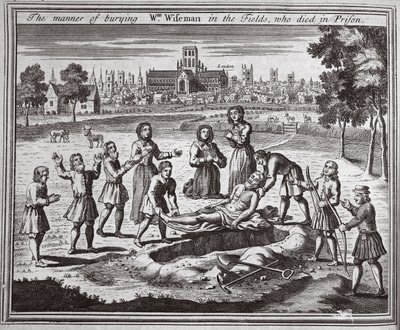 Způsob pohřbívání Wm Wisemana na polích, který zemřel ve vězení, ilustrace z Foxes Martyrs c.1703 od English School