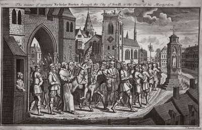 Způsob přepravy Nicholase Burtona přes město Sevilla na místo jeho mučednické smrti, ilustrace z Foxes Martyrs c.1703 od English School