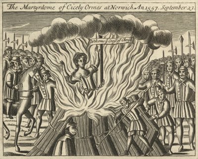 Umučení Cicely Ormesové v Norwichi, 23. září 1557 (rytina) od English School