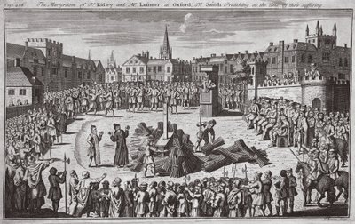 Mučednická smrt doktora Ridleyho a pana Latimera v Oxfordu, doktor Smith káže v době jejich utrpení, ilustrace z knihy "Foxes Martyrs", cca 1703 (litografie). od English School