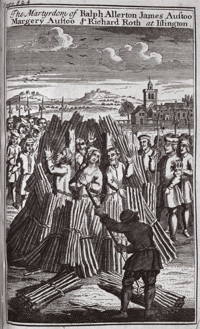 Umučení Ralpha Allertona Jamese Austoo, Margery Austoo a Richarda Rotha v Islingtonu, ilustrace z knihy "Foxes Martyrs", cca 1703 (litografie) od English School