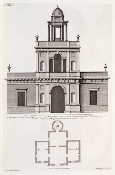 Nové „Bagnio“ v zahradách v Chiswick House, od „Vitruvius Britannicus nebo The British Architect“ od Colen Campbell (rytina) od English School