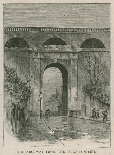 Nové zábradlí proti sebevraždám na Highgate Archway: oblouk ze strany Islingtonu od English School