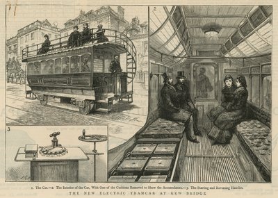 Nová elektrická tramvaj na mostě Kew Bridge od English School