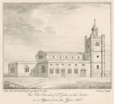 Starý kostel St Giles in the Fields, Londýn, jak se objevil v roce 1718 od English School
