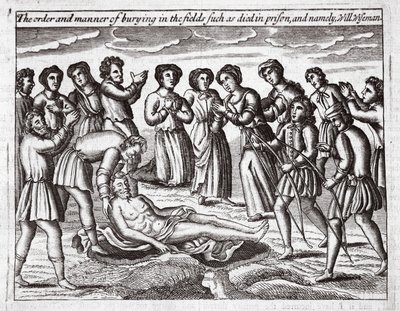 Pořadí a způsob pohřbívání na polích, jako jsou zemřelé ve vězení, a jmenovitě Will Wiseman, ilustrace z Acts and Monuments od Johna Foxe, deváté vydání, pub. 1684 od English School
