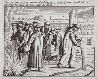Pořadí a způsob převzetí těla Johna Wickliffa a spálení jeho kostí 44 let po jeho smrti, ilustrace z Acts and Monuments od Johna Foxe, deváté vydání, pub. 1684 od English School