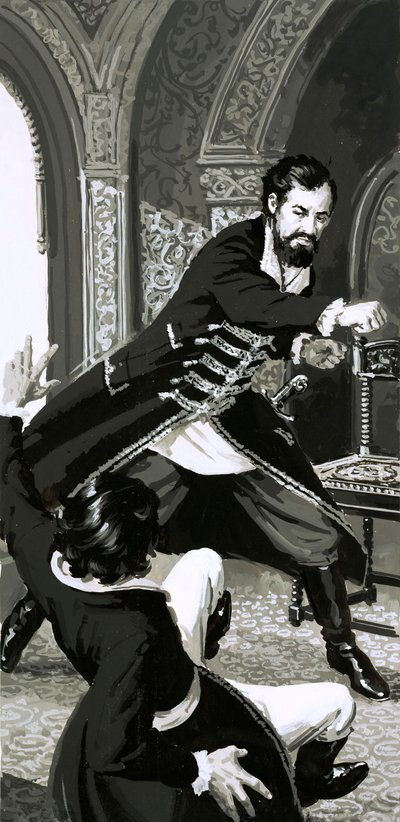 Rozhořčený princ Adam udeřil svého komorníka tvrdě přes obličej (kvaš na papíře) od English School