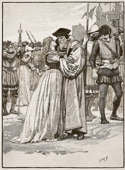 Rozchod sira Thomase Mora a jeho dcery, ilustrace z Cassells Illustrated History of England (sépiová fotografie) od English School