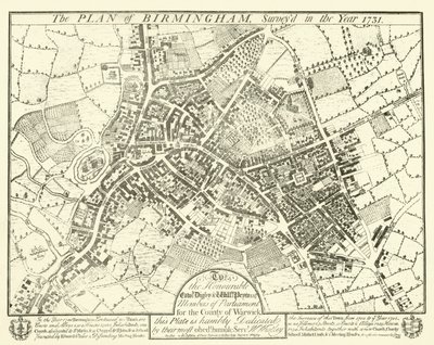Plán Birminghamu, zkoumaný v roce 1731 od English School