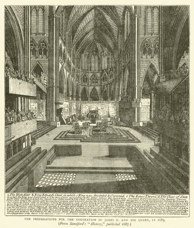 Přípravy na korunovaci Jakuba II. a jeho královny v roce 1685, ze Sandfordovy „Historie“, vydané 1687 (rytina) od English School