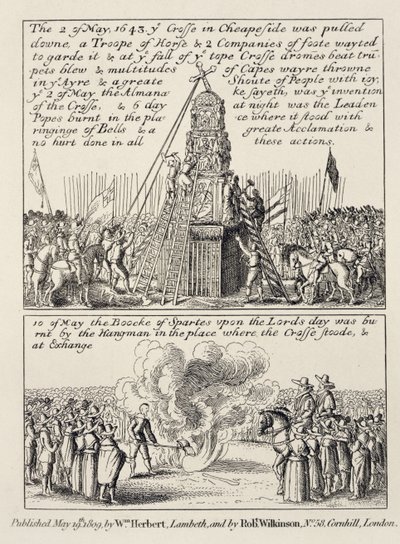 Stržení kříže v Cheapside obrazoborci a puritány a spálení Knihy sportů při stejném sportu následující neděli v květnu 1643, 1809. od English School